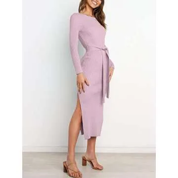 ANRABESS Womens Long Sleeve Sweater Dress Crew Neck Slim Fit Slit Tie Waist 2025 Ribbed Knit Bodycon Midi Dress Fall Outfits 623danzi-L Purple