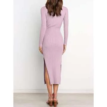ANRABESS Womens Long Sleeve Sweater Dress Crew Neck Slim Fit Slit Tie Waist 2025 Ribbed Knit Bodycon Midi Dress Fall Outfits 623danzi-L Purple