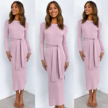 ANRABESS Womens Long Sleeve Sweater Dress Crew Neck Slim Fit Slit Tie Waist 2025 Ribbed Knit Bodycon Midi Dress Fall Outfits 623danzi-L Purple