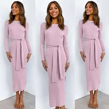 ANRABESS Womens Long Sleeve Sweater Dress Crew Neck Slim Fit Slit Tie Waist 2025 Ribbed Knit Bodycon Midi Dress Fall Outfits 623danzi-L Purple