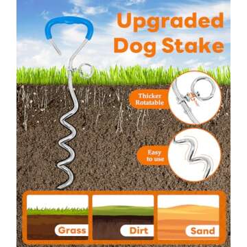 Reflective Dog Tie Out Cable and Stake with No-Tangle Handle, Dog Leads for Yard Camping 30/15/10Ft, Dog Yard Leash and Ground Stake for Small Medium Large Dogs Up to 200 Lbs (Blue, 10ft)