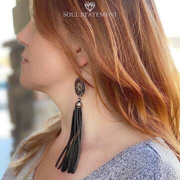Women's Western Jewelry Brown Leather Tassel Bohemian Dangle Earrings, Country Earrings for Women Co...