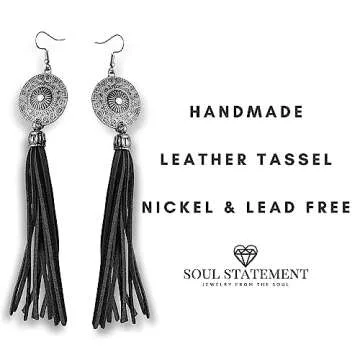 Women's Western Jewelry Brown Leather Tassel Bohemian Dangle Earrings, Country Earrings for Women Cowgirls (Brown Black)