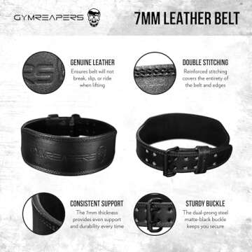 Gymreapers Weight Lifting Belt - 7MM Heavy Duty Pro Leather Belt with Adjustable Buckle - Stabilizing Lower Back Support 4 Inches Wide For Weightlifting, Bodybuilding, Cross Training (Black, Large)