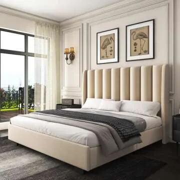 knoworld Queen Size Lift Up Storage Bed Frame with 51" Tall Headboard, Upholstered Velvet Wingback Tufted Design, Wood Slats Support, No Box Spring Required, Noise-Free Double Bed Frame (Queen,Beige)