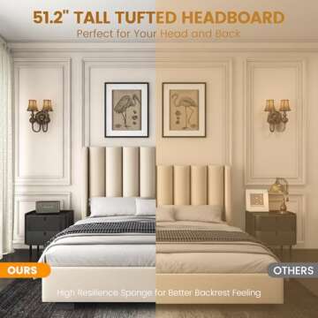 knoworld Queen Size Lift Up Storage Bed Frame with 51" Tall Headboard, Upholstered Velvet Wingback Tufted Design, Wood Slats Support, No Box Spring Required, Noise-Free Double Bed Frame (Queen,Beige)