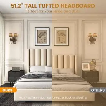 knoworld Queen Size Lift Up Storage Bed Frame with 51" Tall Headboard, Upholstered Velvet Wingback Tufted Design, Wood Slats Support, No Box Spring Required, Noise-Free Double Bed Frame (Queen,Beige)
