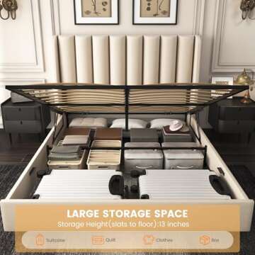 knoworld Queen Size Lift Up Storage Bed Frame with 51" Tall Headboard, Upholstered Velvet Wingback Tufted Design, Wood Slats Support, No Box Spring Required, Noise-Free Double Bed Frame (Queen,Beige)