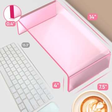 NovaMode Acrylic Monitor Stand - Ergonomic Desk Riser for Better Posture, Stylish & Modern Desktop Organizer, Computer Desk Stand for Monitors & Laptop - Perfect for Valentine's Day - Light Pink