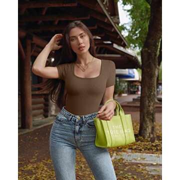 OQQ Women's 2 Piece Bodysuits Sexy Ribbed One Piece Square Neck Short Sleeve Bodysuits Black Coffee