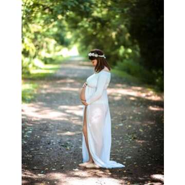JustVH Maternity Off Shoulder Chiffon Gown Long Sleeve Split Front Maxi Photography Dress White
