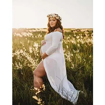 JustVH Maternity Off Shoulder Chiffon Gown Long Sleeve Split Front Maxi Photography Dress White