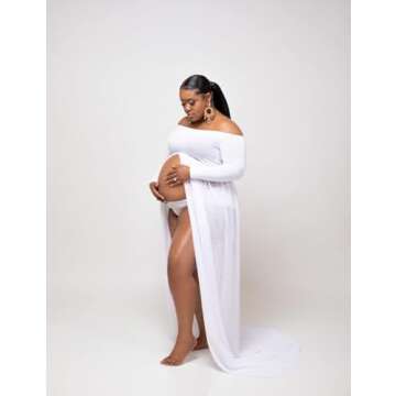 JustVH Maternity Off Shoulder Chiffon Gown Long Sleeve Split Front Maxi Photography Dress White