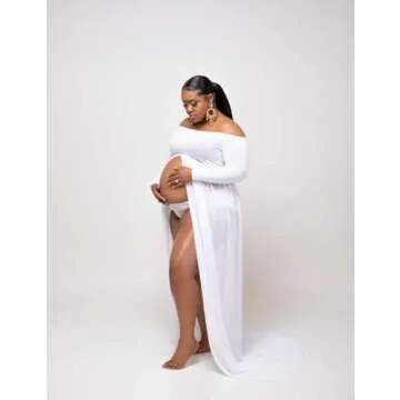 JustVH Maternity Off Shoulder Chiffon Gown Long Sleeve Split Front Maxi Photography Dress White