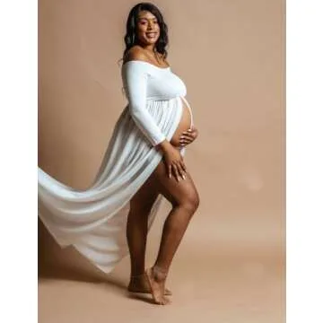 JustVH Maternity Off Shoulder Chiffon Gown Long Sleeve Split Front Maxi Photography Dress White