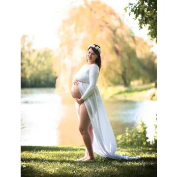 JustVH Maternity Off Shoulder Chiffon Gown Long Sleeve Split Front Maxi Photography Dress White