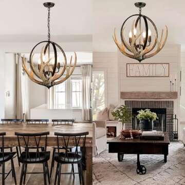 Debemenes Antler Chandelier 4 Lights, 20" Rustic Farmhouse Chandelier with Resin 4 Antlers and Retro Metal Globe Chandeliers Vintage Style for Dining Room, Kitchen, Entryway, Living Room
