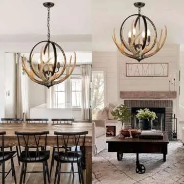 Debemenes Antler Chandelier 4 Lights, 20" Rustic Farmhouse Chandelier with Resin 4 Antlers and Retro Metal Globe Chandeliers Vintage Style for Dining Room, Kitchen, Entryway, Living Room