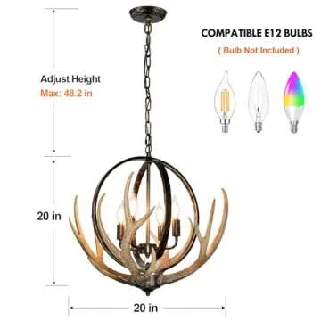 Debemenes Antler Chandelier 4 Lights, 20" Rustic Farmhouse Chandelier with Resin 4 Antlers and Retro Metal Globe Chandeliers Vintage Style for Dining Room, Kitchen, Entryway, Living Room