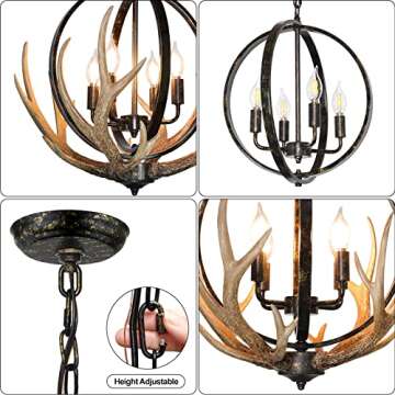Debemenes Antler Chandelier 4 Lights, 20" Rustic Farmhouse Chandelier with Resin 4 Antlers and Retro Metal Globe Chandeliers Vintage Style for Dining Room, Kitchen, Entryway, Living Room