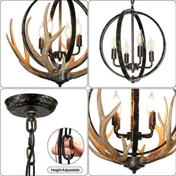 Debemenes Antler Chandelier 4 Lights, 20" Rustic Farmhouse Chandelier with Resin 4 Antlers and Retro Metal Globe Chandeliers Vintage Style for Dining Room, Kitchen, Entryway, Living Room