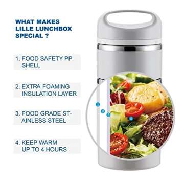 Lille Home Stackable Stainless Steel Thermal Compartment Lunch/Snack Box, 3-Tier Insulated Bento/Food Container with Lunch Bag, Cutlery Set and Three Extra Seals, 43OZ (Gray)