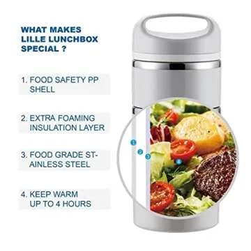 Lille Home Stackable Stainless Steel Thermal Compartment Lunch/Snack Box, 3-Tier Insulated Bento/Food Container with Lunch Bag, Cutlery Set and Three Extra Seals, 43OZ (Gray)
