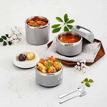 Lille Home Stackable Stainless Steel Thermal Compartment Lunch/Snack Box, 3-Tier Insulated Bento/Food Container with Lunch Bag, Cutlery Set and Three Extra Seals, 43OZ (Gray)