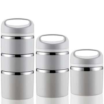 Lille Home Stackable Stainless Steel Thermal Compartment Lunch/Snack Box, 3-Tier Insulated Bento/Food Container with Lunch Bag, Cutlery Set and Three Extra Seals, 43OZ (Gray)