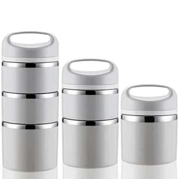 Lille Home Stackable Stainless Steel Thermal Compartment Lunch/Snack Box, 3-Tier Insulated Bento/Food Container with Lunch Bag, Cutlery Set and Three Extra Seals, 43OZ (Gray)