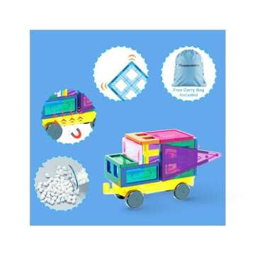 PicassoTiles 101pc Magnetic Tile Building Blocks with Car Base Drawstring Carry Toy Storage Bag Magn...