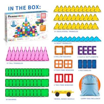 PicassoTiles 101pc Magnetic Tile Building Blocks with Car Base Drawstring Carry Toy Storage Bag Magnetized Block for Kids Magnet ToySet Educational STEM Learning Child Brain Development Ages 3+ PC101