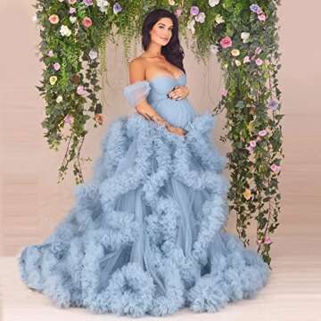PRESEOSSA Fluffy Maternity Robe for Photoshoot Sheer Tulle Babyshower Bridal Lingerie Bathgown Dusty...