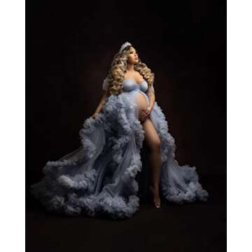 PRESEOSSA Fluffy Maternity Robe for Photoshoot Sheer Tulle Babyshower Bridal Lingerie Bathgown Dusty Blue S/M Small-Medium