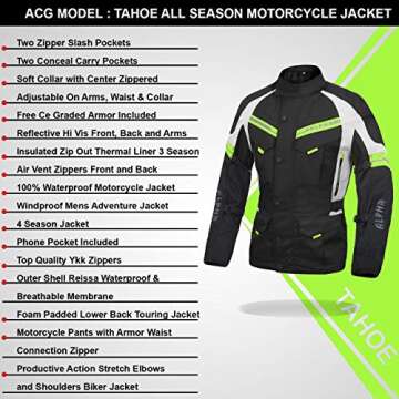 ACG TAHOE-J106 MOTORCYCLE ADV JACKET (BLACK/HI VIS GREEN, MEDIUM)