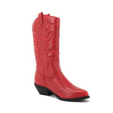 Soda RENO ~ Women Western Cowboy Stitched Pointe Toe Low Heel Ankle Mid Shaft Fashion Boots (RED PU, us_footwear_size_system, adult, women, numeric, medium, numeric_10)