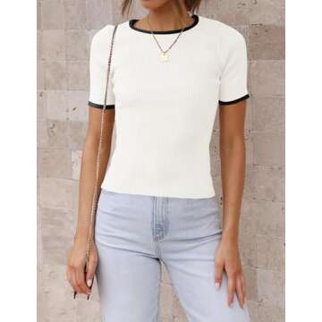 ZESICA Women's Short Sleeve Crewneck Ribbed Knit Slim Fit T Shirt Summer Basic Casual Color Block Tee Tops,White,Small