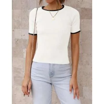 ZESICA Women's Short Sleeve Ribbed T-Shirt for Summer