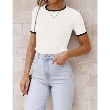 ZESICA Women's Short Sleeve Crewneck Ribbed Knit Slim Fit T Shirt Summer Basic Casual Color Block Tee Tops,White,Small