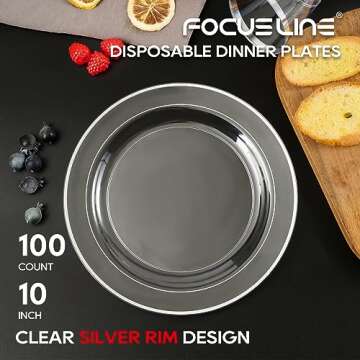 FOCUSLINE 100 Clear Silver Plastic Plates 10 Inch, Disposable Clear Plates with Silver Rim, Premium ...