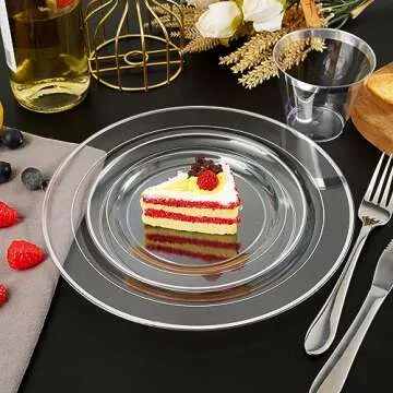 FOCUSLINE 100 Clear Silver Plastic Plates 10 Inch, Disposable Clear Plates with Silver Rim, Premium Hard Plastic Plates Fancy Disposable Clear Dinner Plates for Wedding Parties