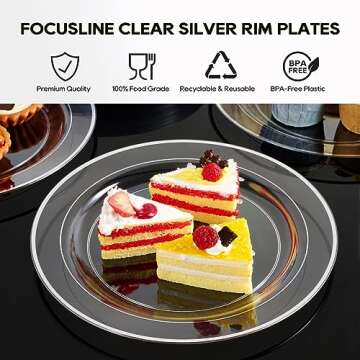 FOCUSLINE 100 Clear Silver Plastic Plates 10 Inch, Disposable Clear Plates with Silver Rim, Premium Hard Plastic Plates Fancy Disposable Clear Dinner Plates for Wedding Parties