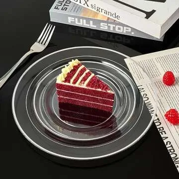 FOCUSLINE 100 Clear Silver Plastic Plates 10 Inch, Disposable Clear Plates with Silver Rim, Premium Hard Plastic Plates Fancy Disposable Clear Dinner Plates for Wedding Parties