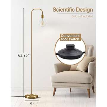 Oneach 63.75'' Industrial Antique Brass Gold Minimalist Floor Lamp for Living Room, Bedroom and Office