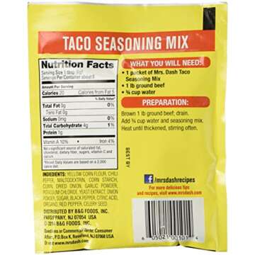Mrs Dash Salt Free Taco Seasoning Mix (1.25 oz Packets) 4 Pack