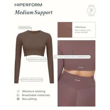 PAVOI ACTIVE HiPerform Collection | Women's Performance Medium Support Moisture-Wicking Long Sleeve Crop Top Gym Bra | Small, Clay