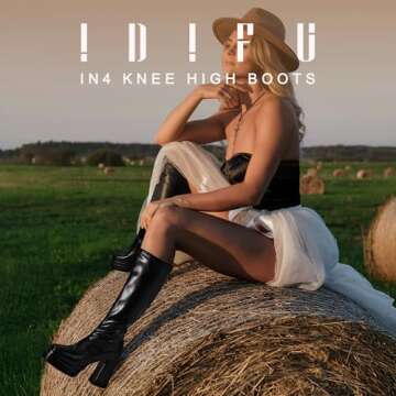 IDIFU IN4 Black Knee High Boots for Women Platform Gogo Boots Square Toe Chunky Block High Heel Tall Boots Ladies Event Concert Dress Long Boots Comfortable Sexy Pull On Fall Boots(Black Pu, 7)