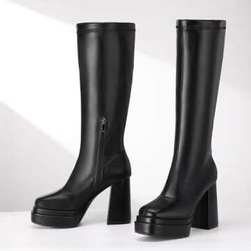 IDIFU IN4 Black Knee High Boots for Women Platform Gogo Boots Square Toe Chunky Block High Heel Tall Boots Ladies Event Concert Dress Long Boots Comfortable Sexy Pull On Fall Boots(Black Pu, 7)
