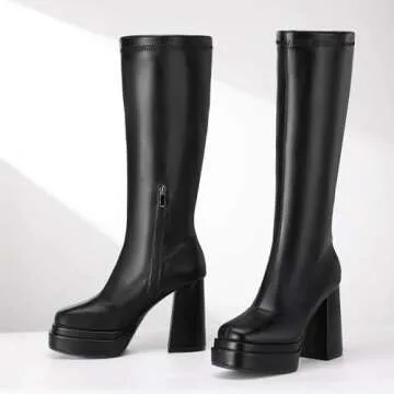 IDIFU IN4 Black Knee High Boots for Women Platform Gogo Boots Square Toe Chunky Block High Heel Tall Boots Ladies Event Concert Dress Long Boots Comfortable Sexy Pull On Fall Boots(Black Pu, 7)