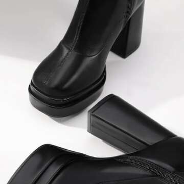 IDIFU IN4 Black Knee High Boots for Women Platform Gogo Boots Square Toe Chunky Block High Heel Tall Boots Ladies Event Concert Dress Long Boots Comfortable Sexy Pull On Fall Boots(Black Pu, 7)